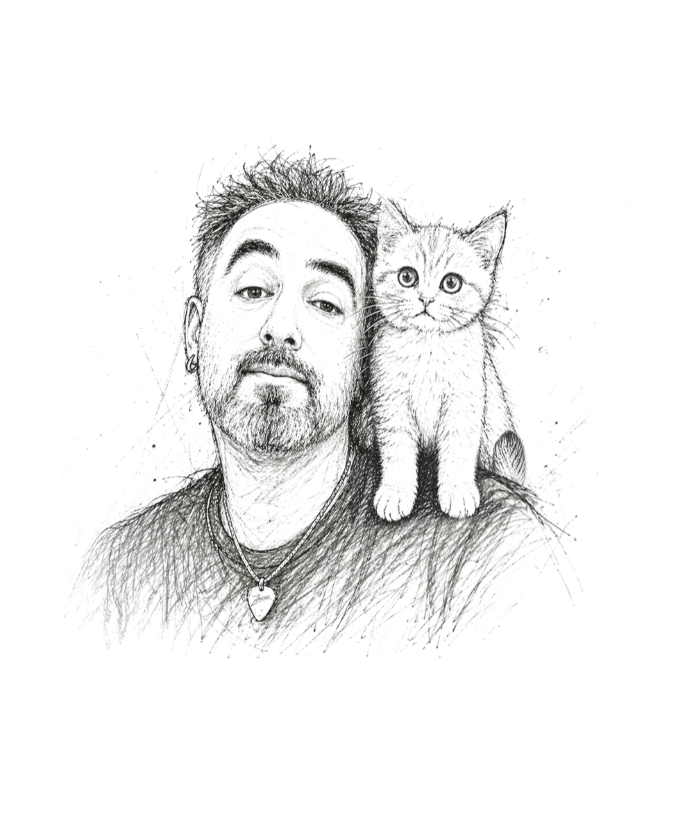 Pen sketch portrait of Zander Vera with a kitten on his shoulder