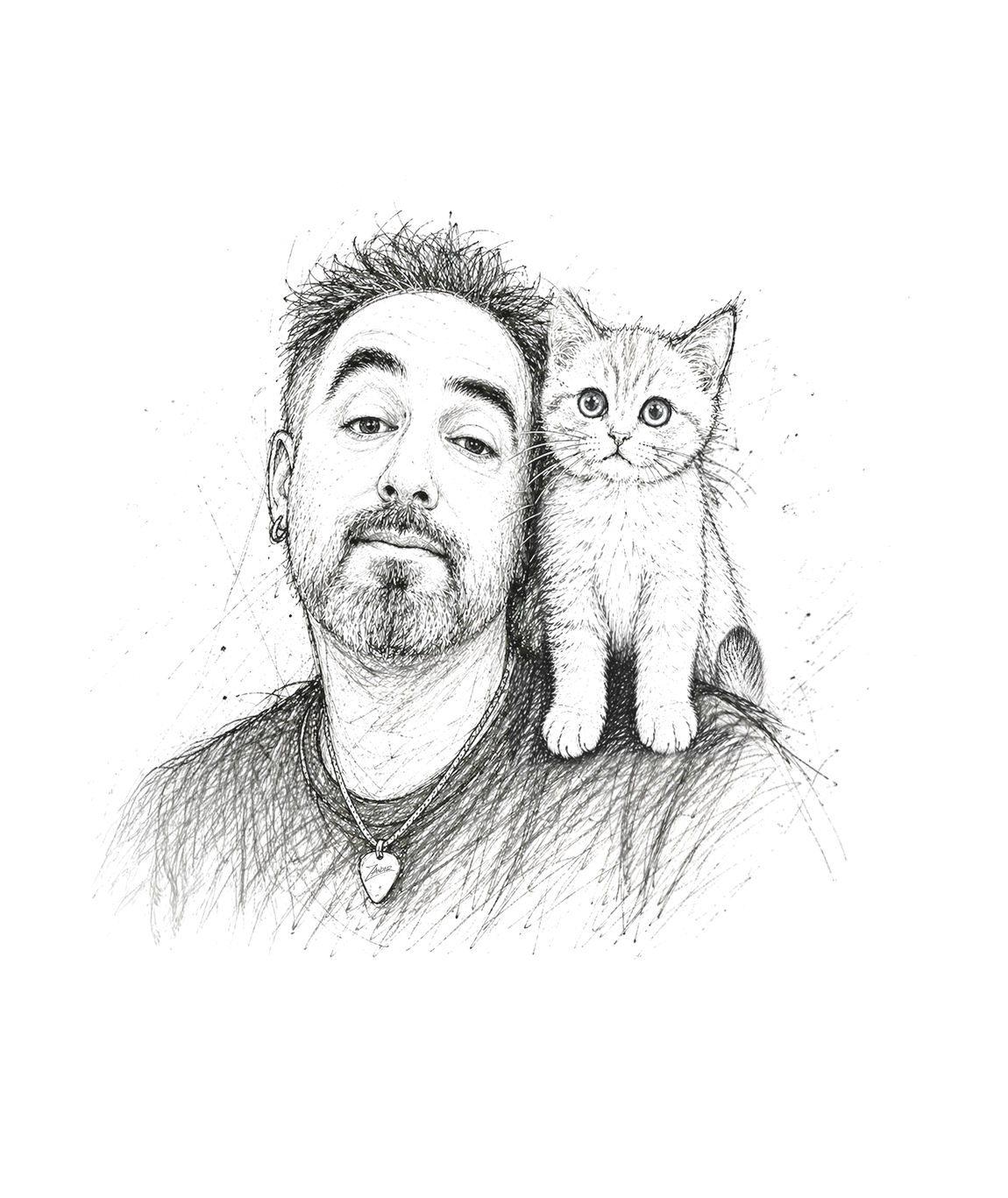 Pen sketch portrait of Zander Vera with a kitten on his shoulder