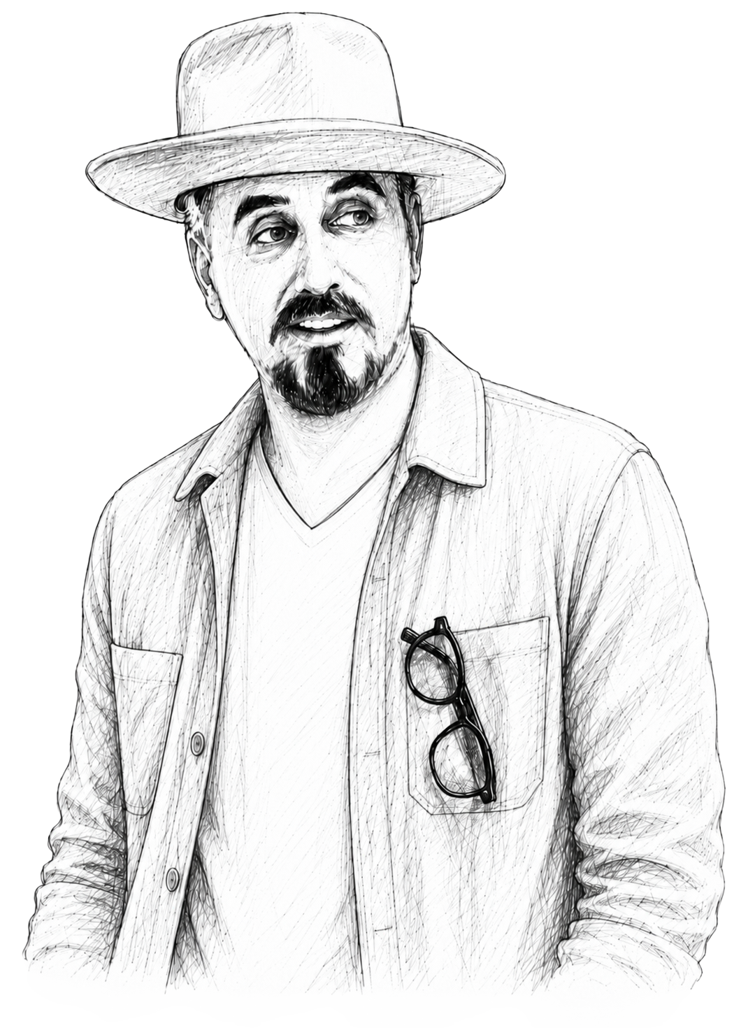 Pen sketch portrait of Zander Vera with a kitten on his shoulder